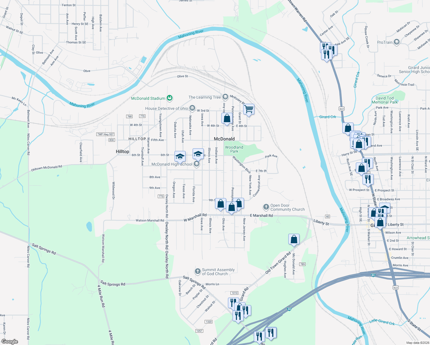 map of restaurants, bars, coffee shops, grocery stores, and more near 201 West 7th Street in McDonald