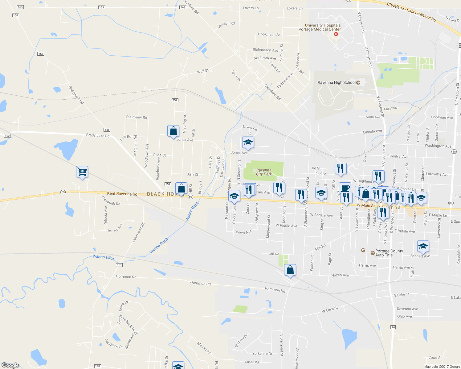 map of restaurants, bars, coffee shops, grocery stores, and more near 6220 Morgan Road in Ravenna