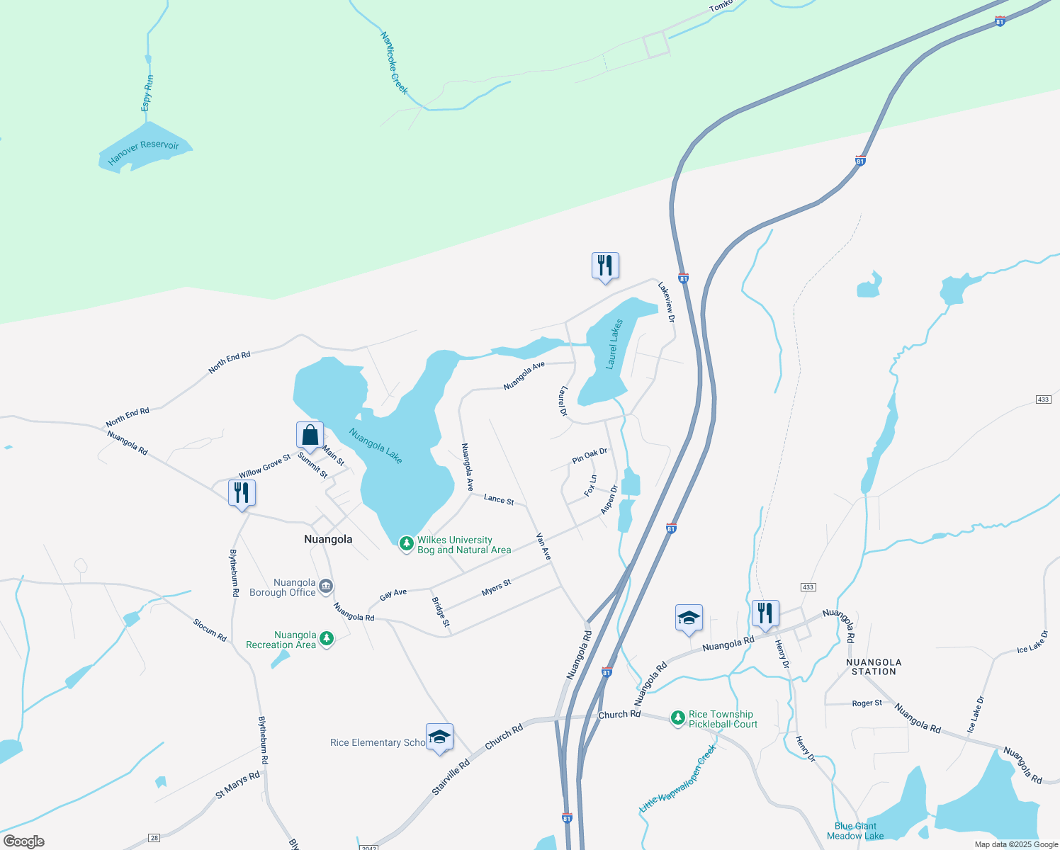 map of restaurants, bars, coffee shops, grocery stores, and more near 10 Vista Drive in Mountain Top