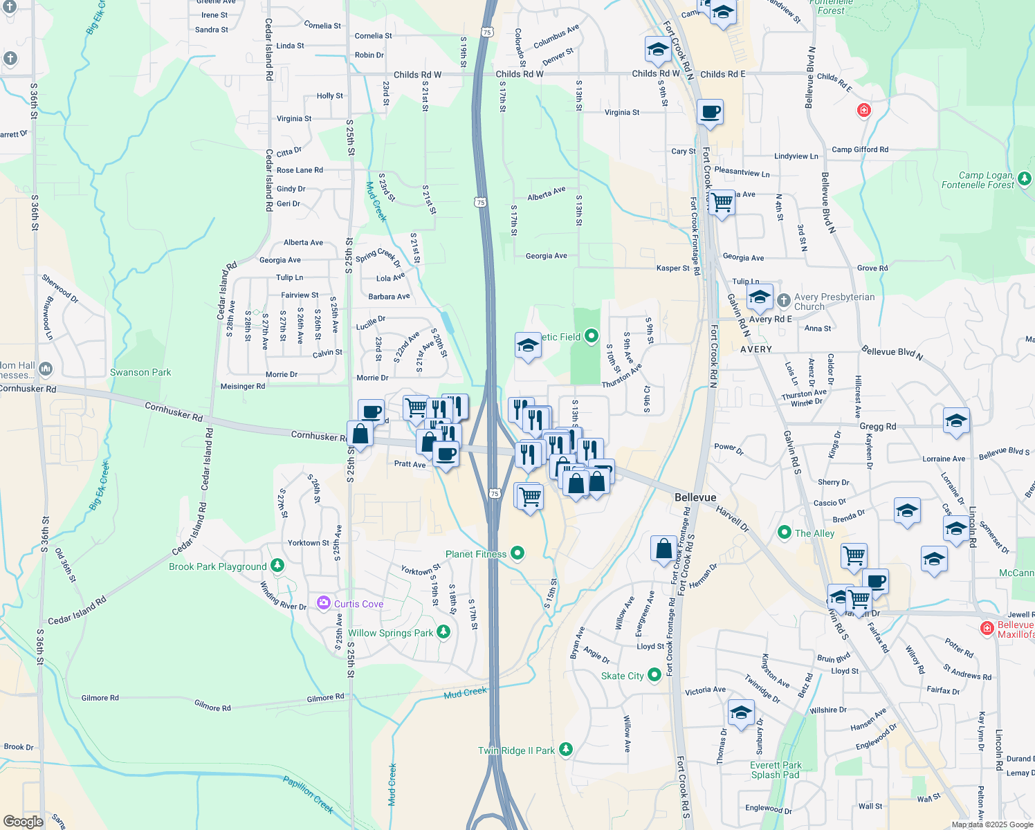 map of restaurants, bars, coffee shops, grocery stores, and more near 1518 Sunshine Boulevard in Bellevue