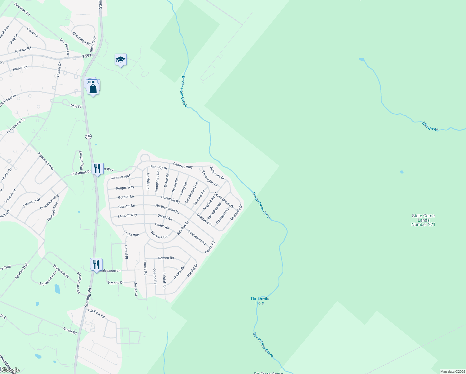 map of restaurants, bars, coffee shops, grocery stores, and more near 1459 Belgravia Drive in Tobyhanna