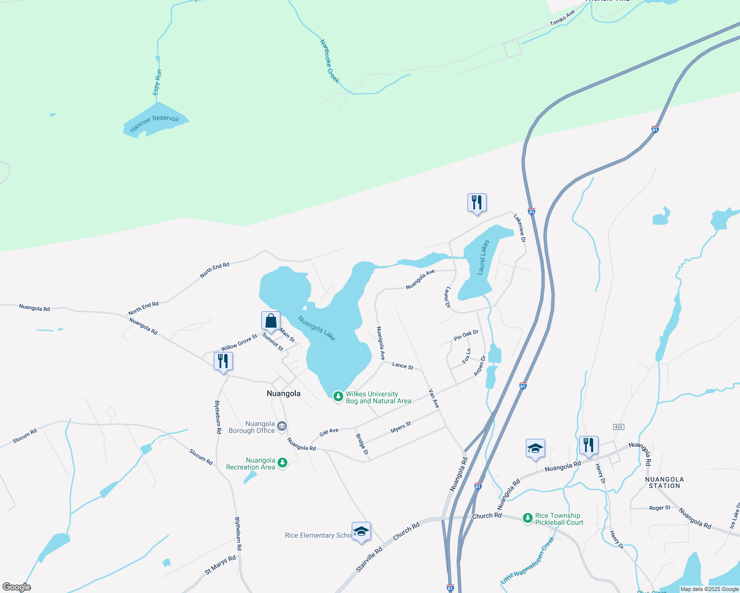 map of restaurants, bars, coffee shops, grocery stores, and more near 107 Nuangola Avenue in Mountain Top