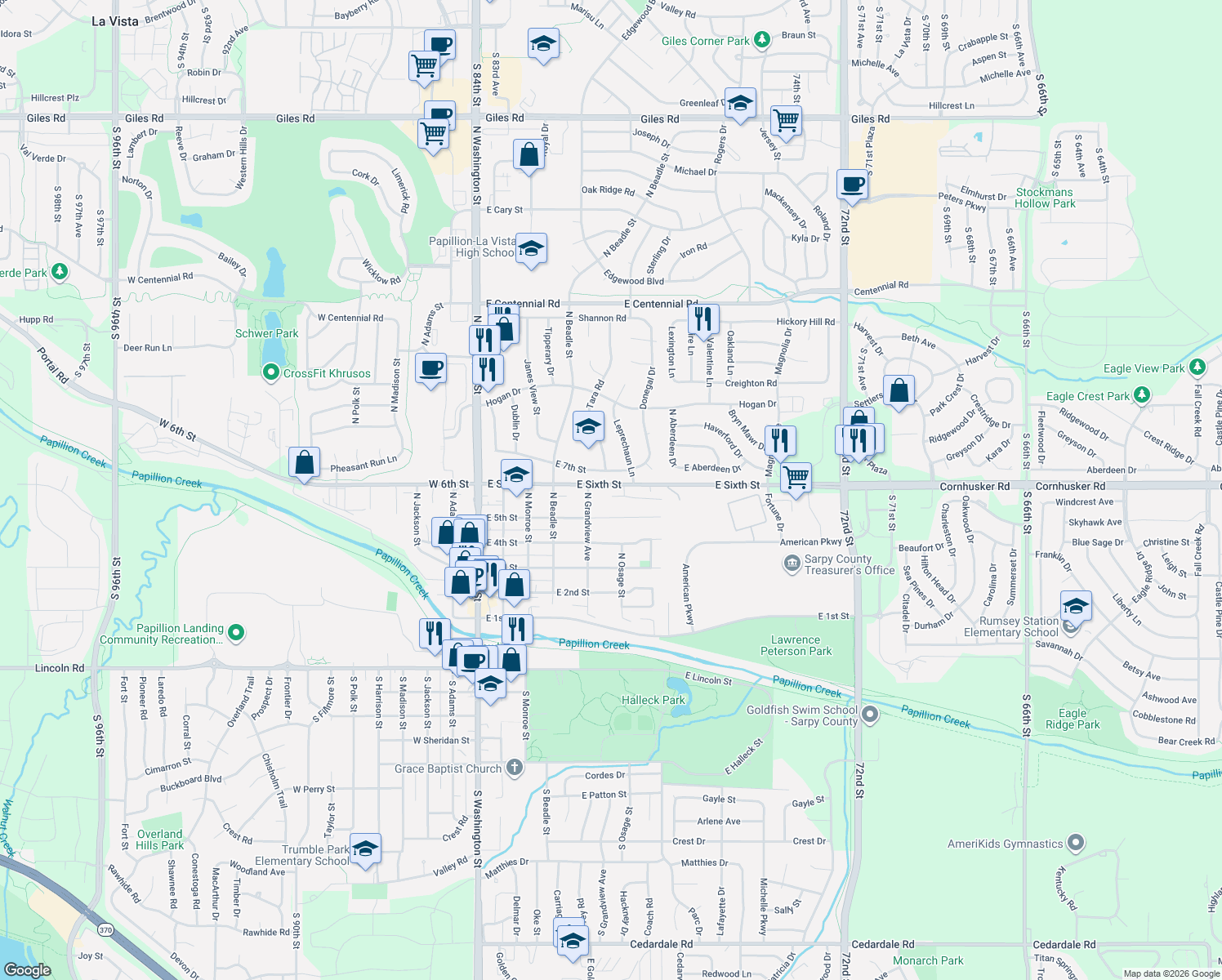 map of restaurants, bars, coffee shops, grocery stores, and more near 510 Bonnie Avenue in Papillion
