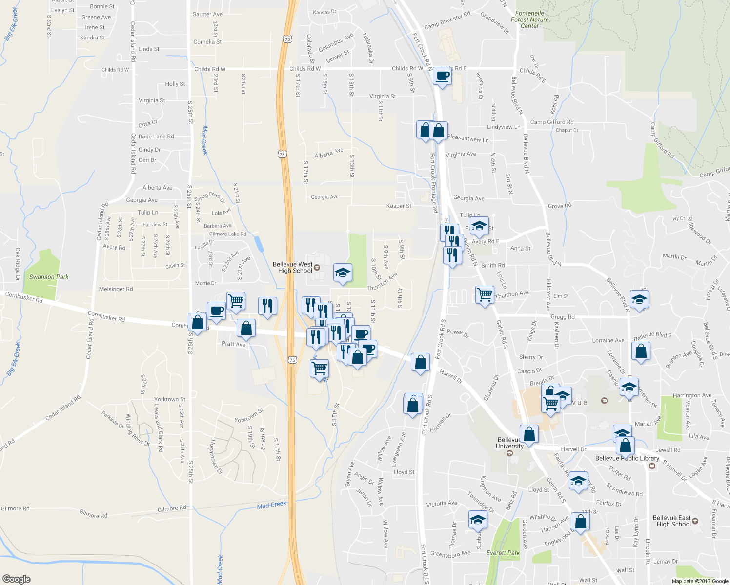 map of restaurants, bars, coffee shops, grocery stores, and more near 1108 Sunshine Boulevard in Bellevue