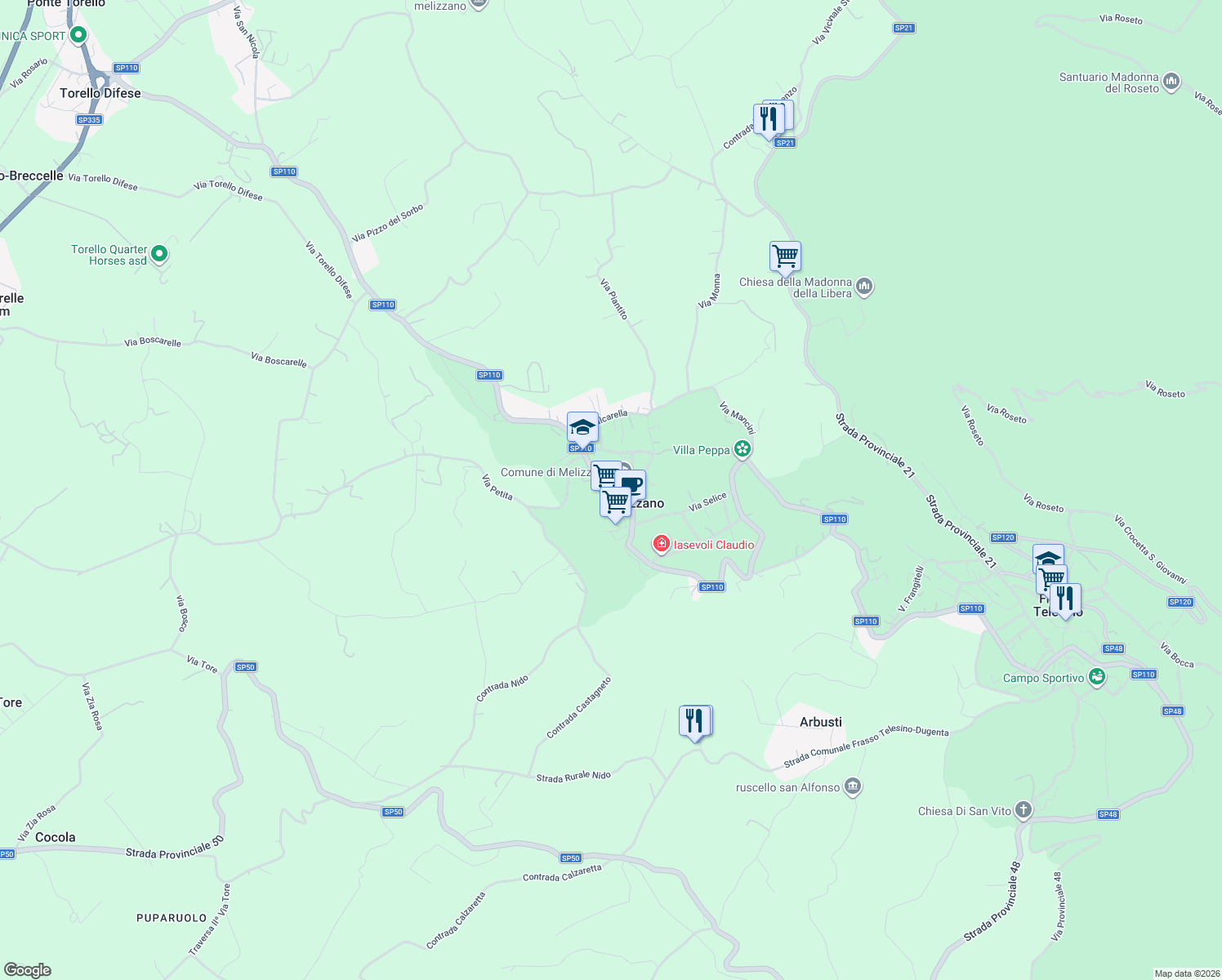 map of restaurants, bars, coffee shops, grocery stores, and more near Strada Provinciale 21 in Melizzano