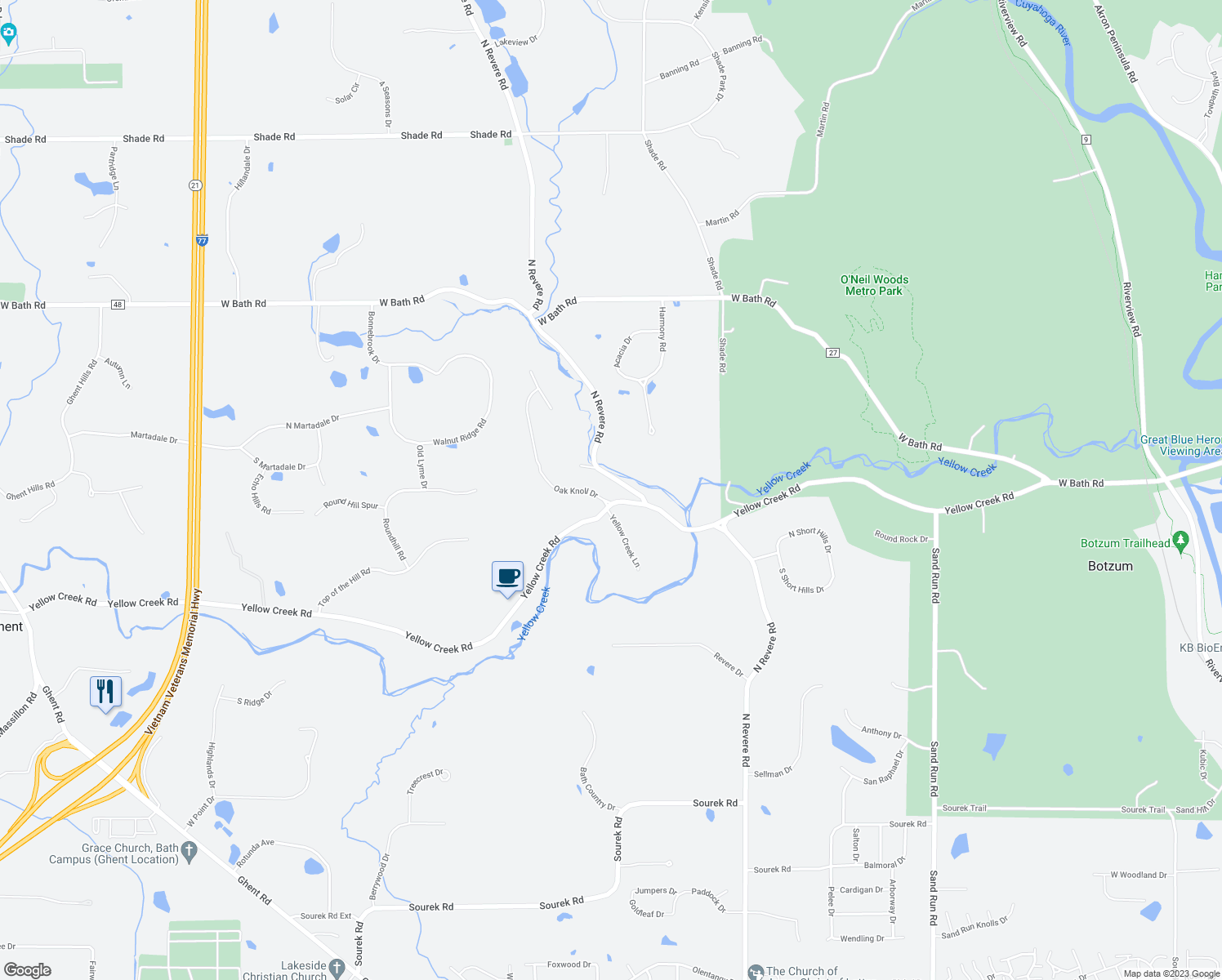 map of restaurants, bars, coffee shops, grocery stores, and more near 2635 Yellow Creek Road in Akron