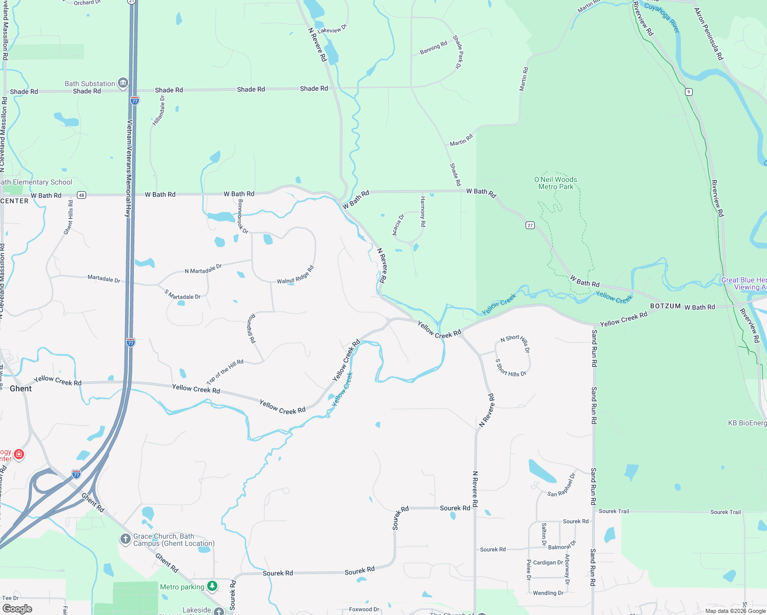 map of restaurants, bars, coffee shops, grocery stores, and more near 2635 Yellow Creek Road in Akron