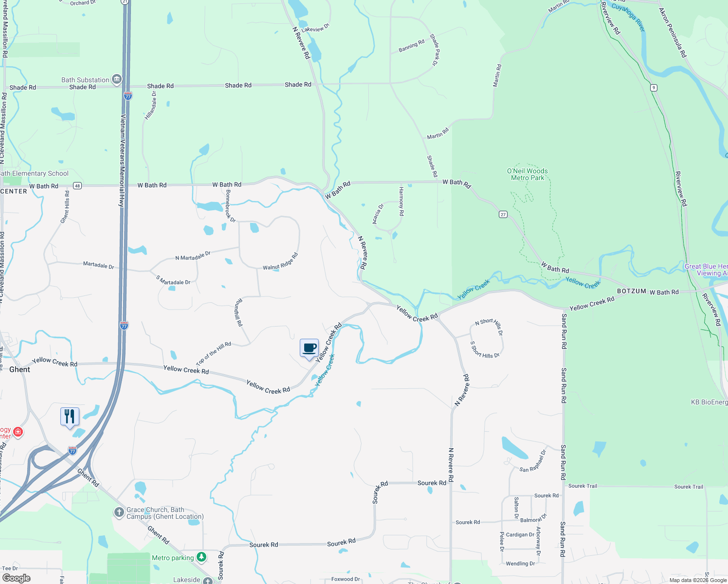 map of restaurants, bars, coffee shops, grocery stores, and more near 2635 Yellow Creek Road in Akron