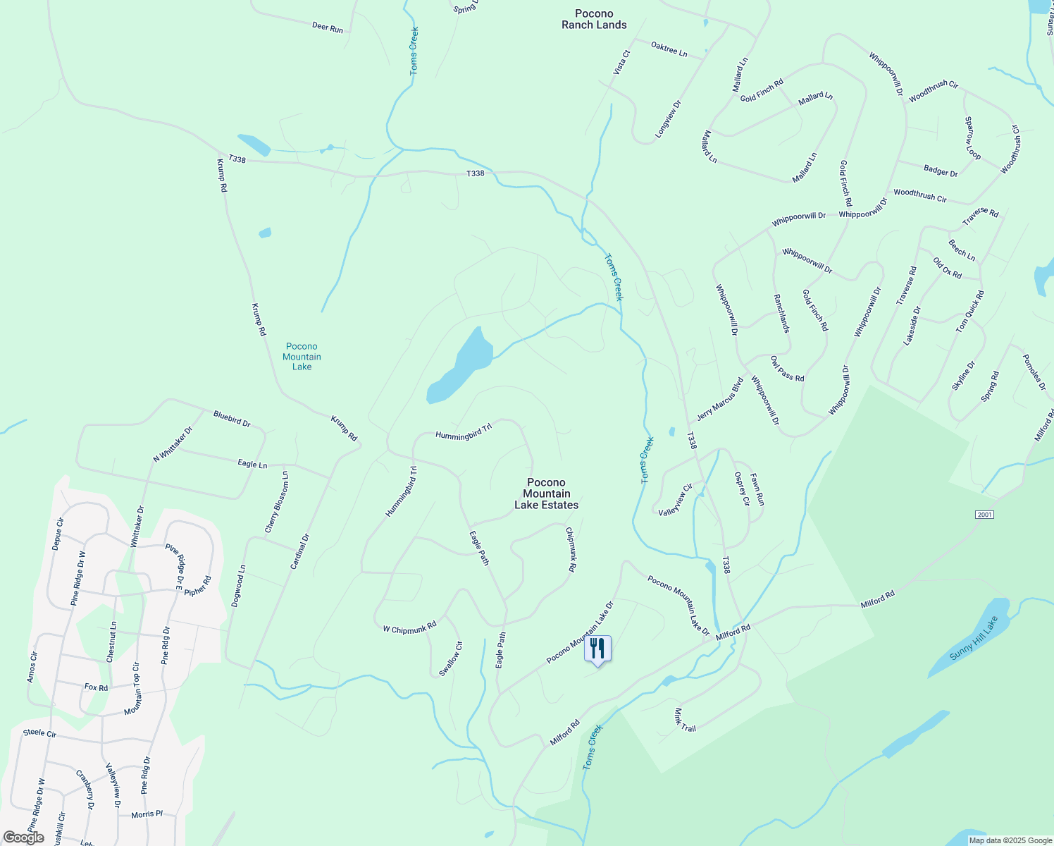 map of restaurants, bars, coffee shops, grocery stores, and more near 188 Hummingbird Trail in Pocono Mountain Lake Estates