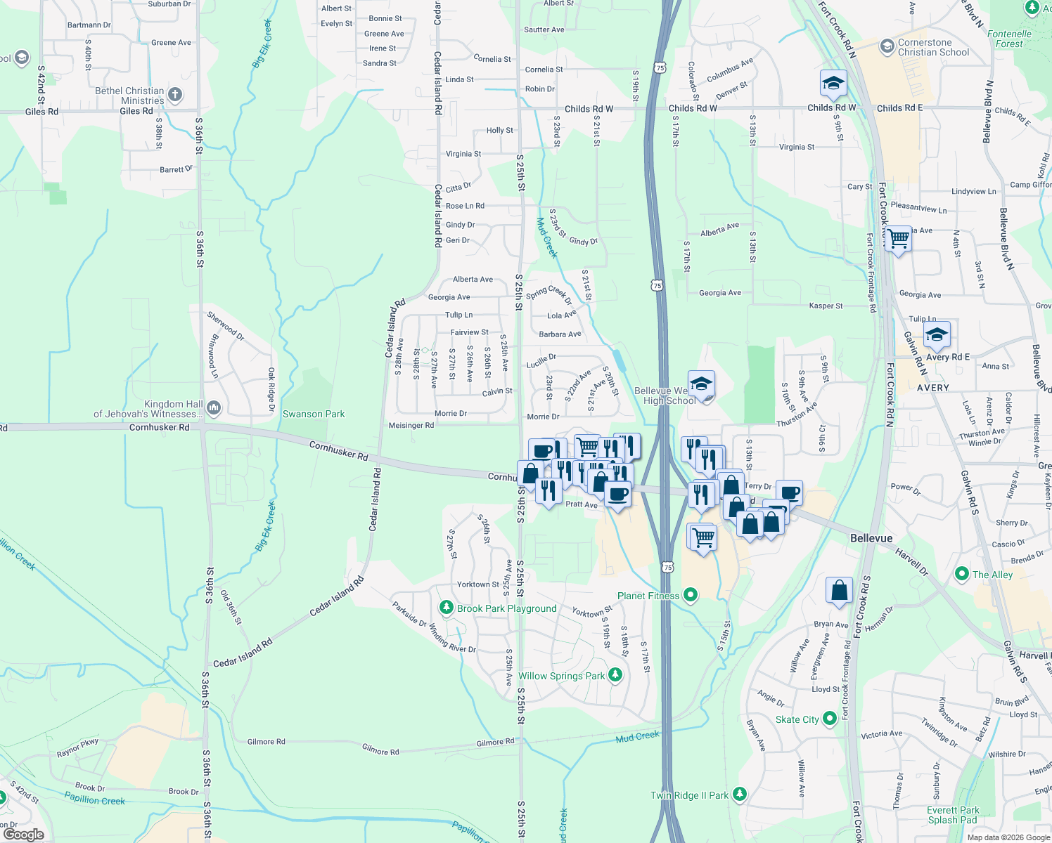map of restaurants, bars, coffee shops, grocery stores, and more near 2403 Morrie Drive in Bellevue