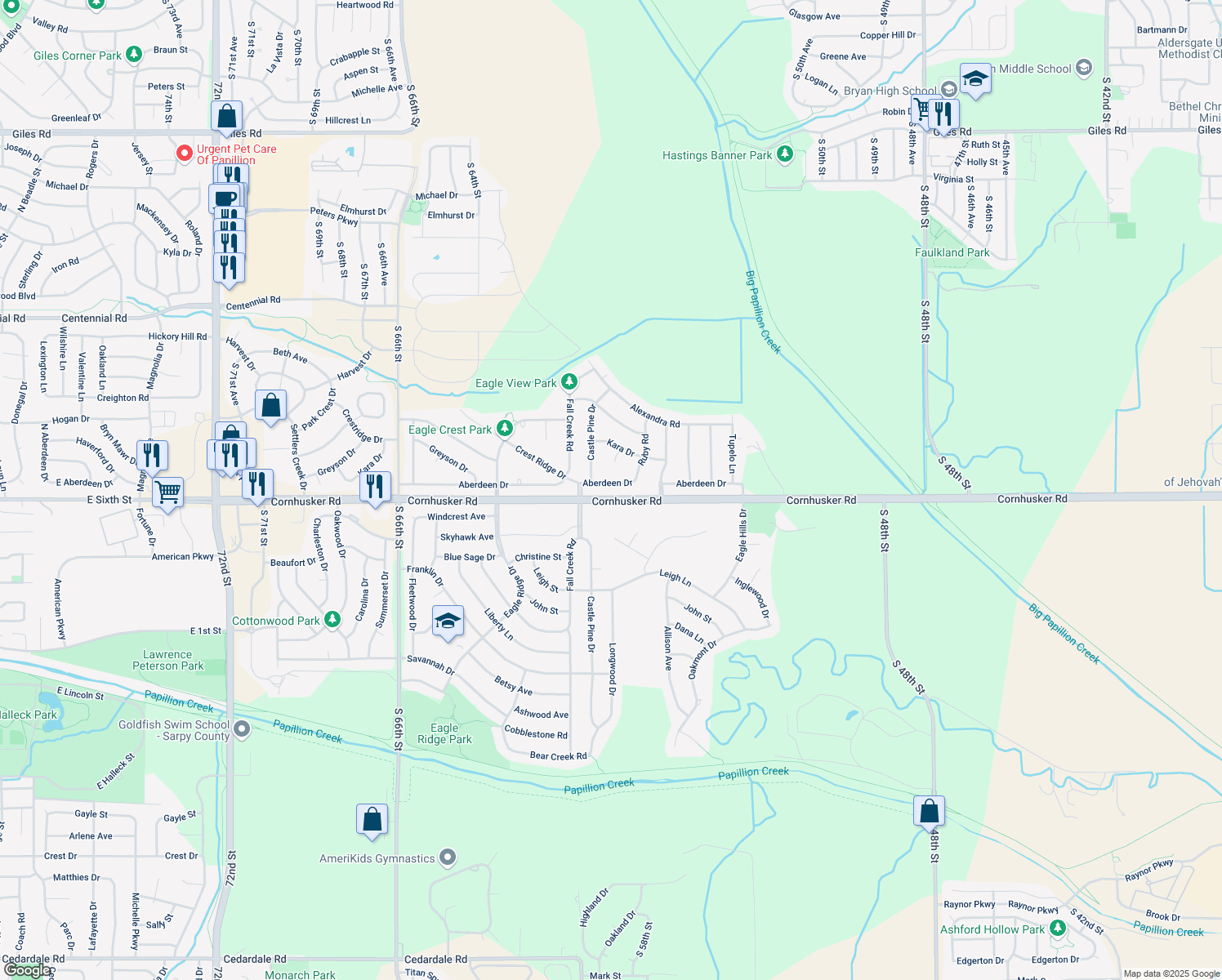 map of restaurants, bars, coffee shops, grocery stores, and more near 2213 Aberdeen Drive in Papillion