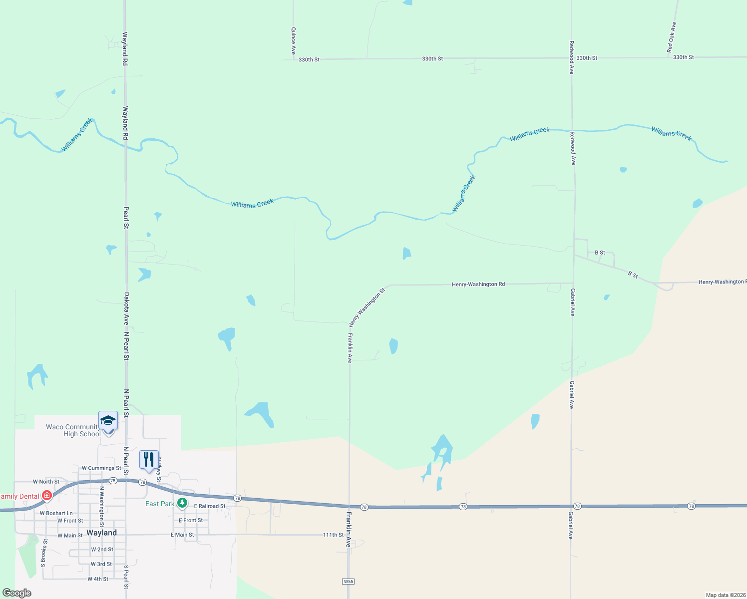 map of restaurants, bars, coffee shops, grocery stores, and more near 1414 Henry Washington Street in Wayland