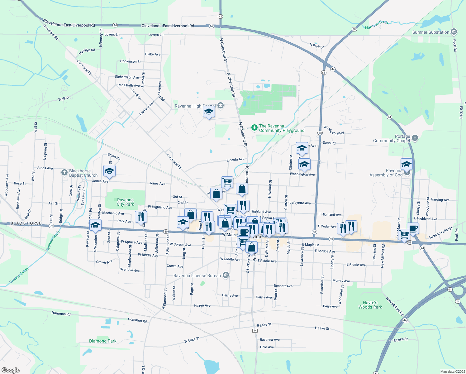 map of restaurants, bars, coffee shops, grocery stores, and more near 241 West Central Avenue in Ravenna
