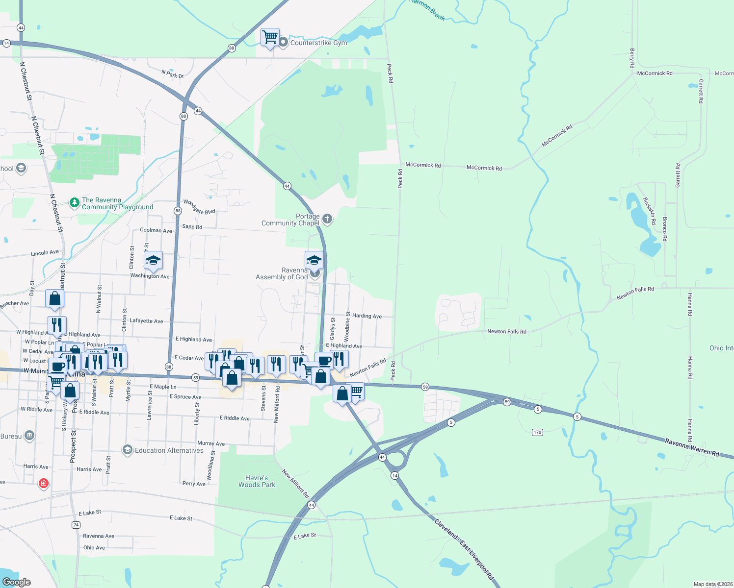 map of restaurants, bars, coffee shops, grocery stores, and more near 6332 Ferndale Road in Ravenna