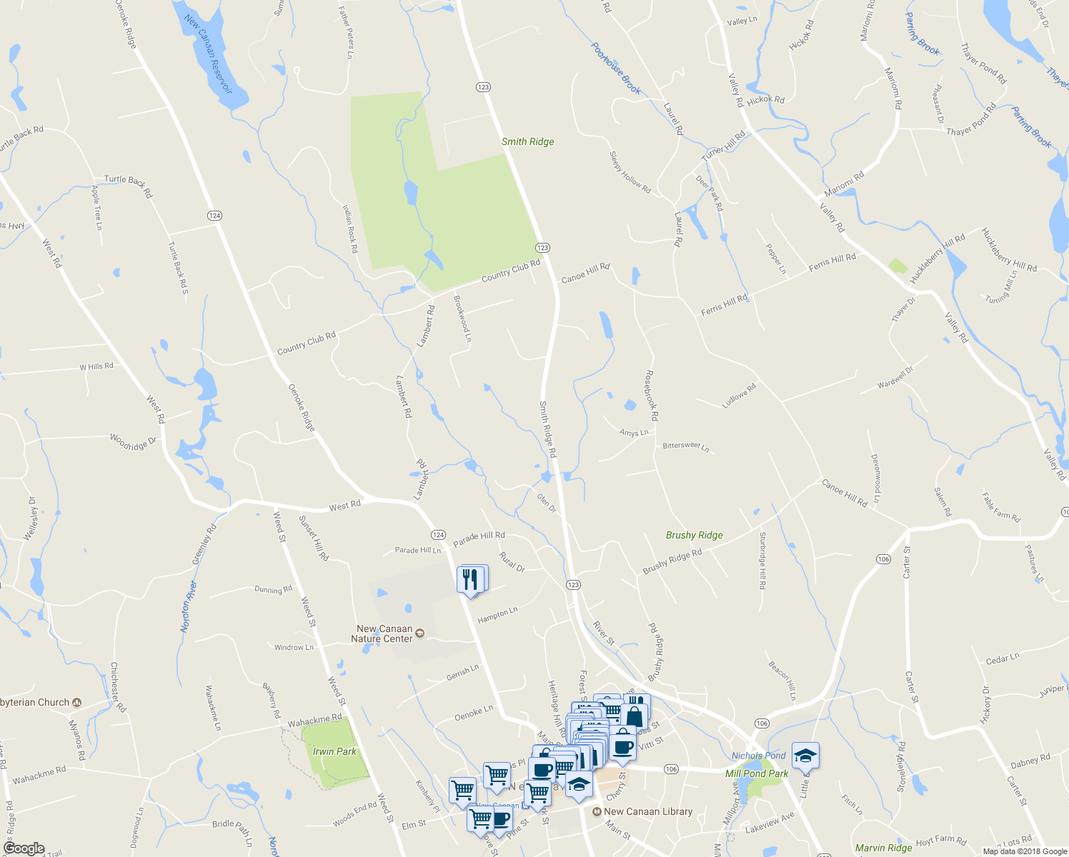 map of restaurants, bars, coffee shops, grocery stores, and more near 238 Smith Ridge Road in New Canaan
