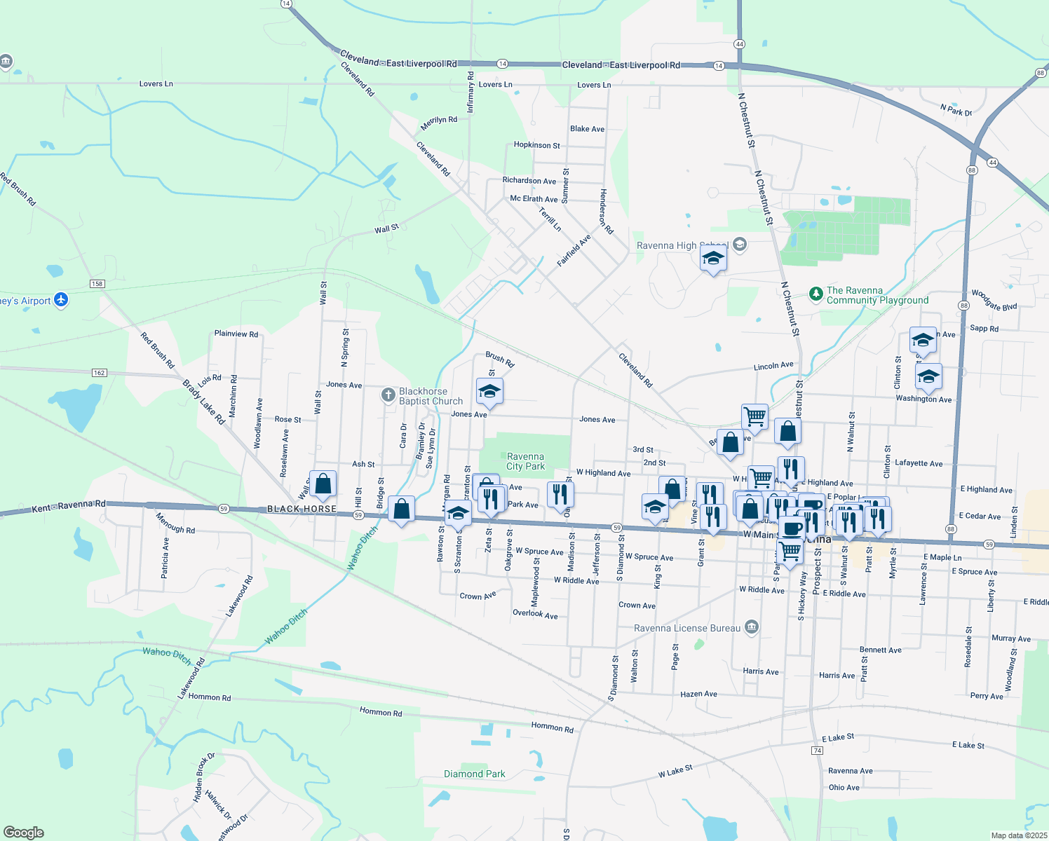 map of restaurants, bars, coffee shops, grocery stores, and more near 895 Jones Avenue in Ravenna