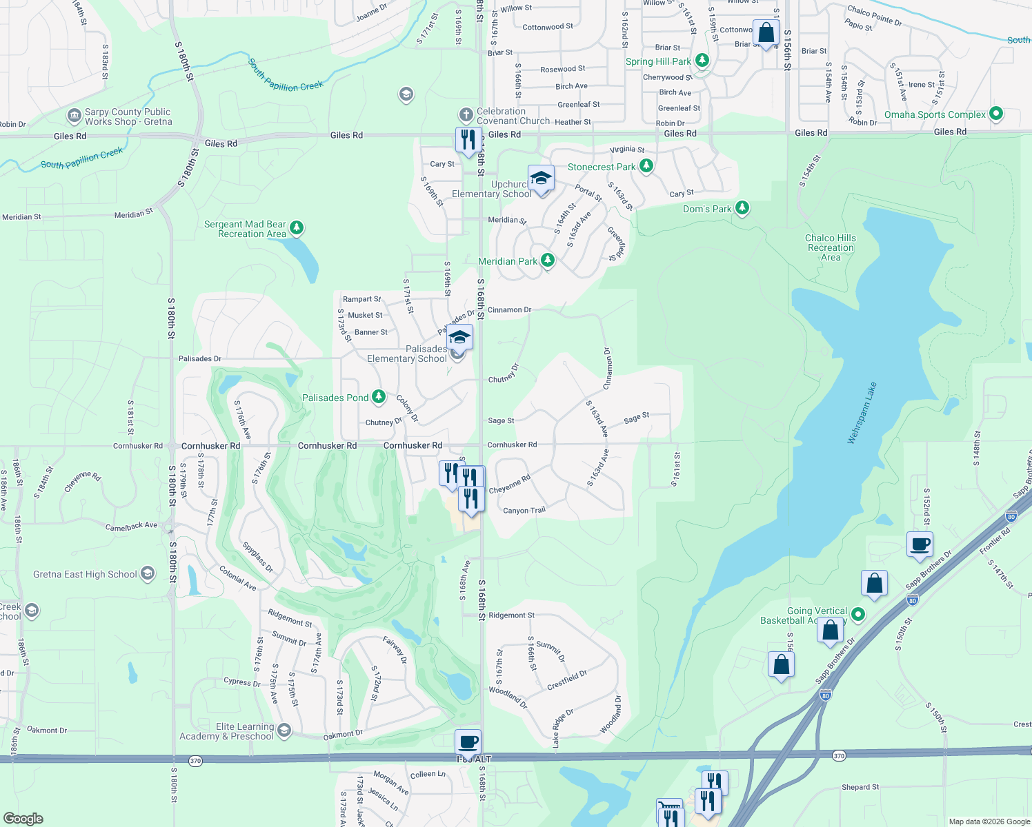map of restaurants, bars, coffee shops, grocery stores, and more near 16710 Sage Street in Omaha