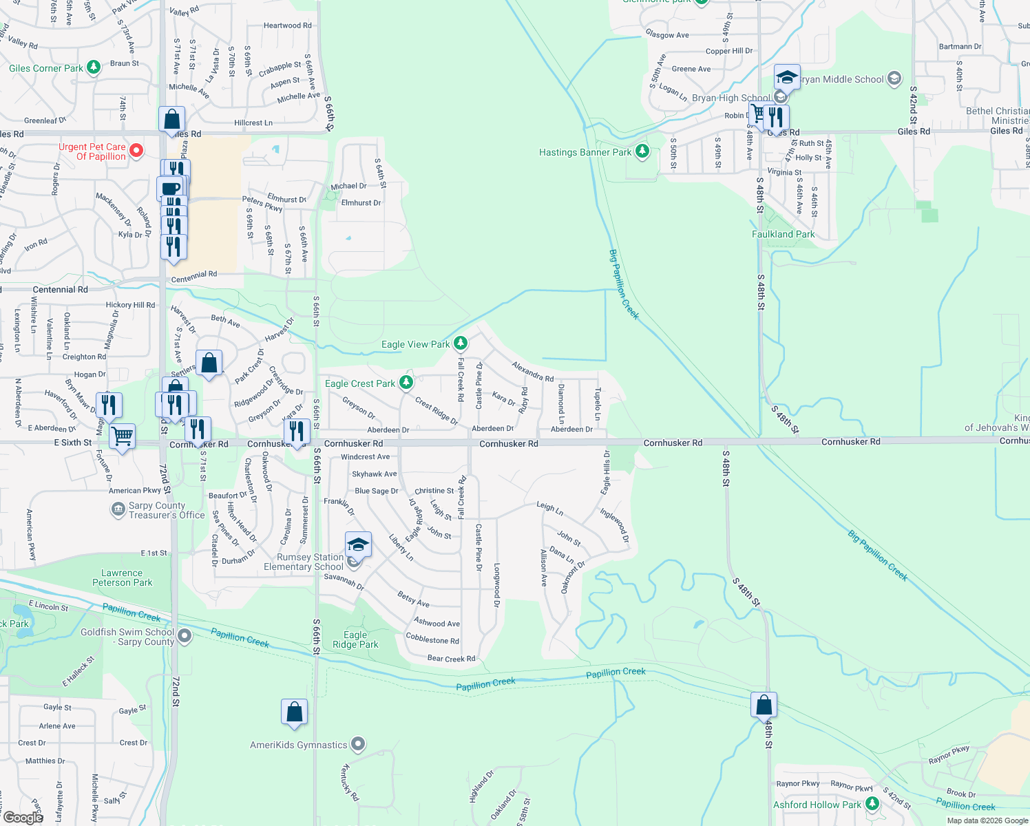 map of restaurants, bars, coffee shops, grocery stores, and more near 610 Ruby Road in Papillion