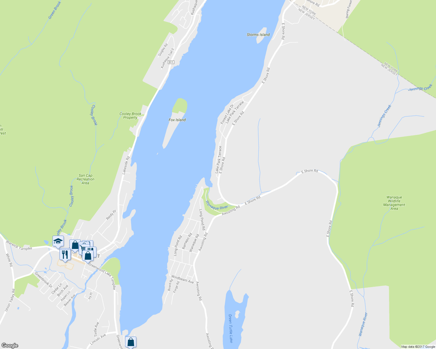 map of restaurants, bars, coffee shops, grocery stores, and more near 577 East Shore Road in West Milford