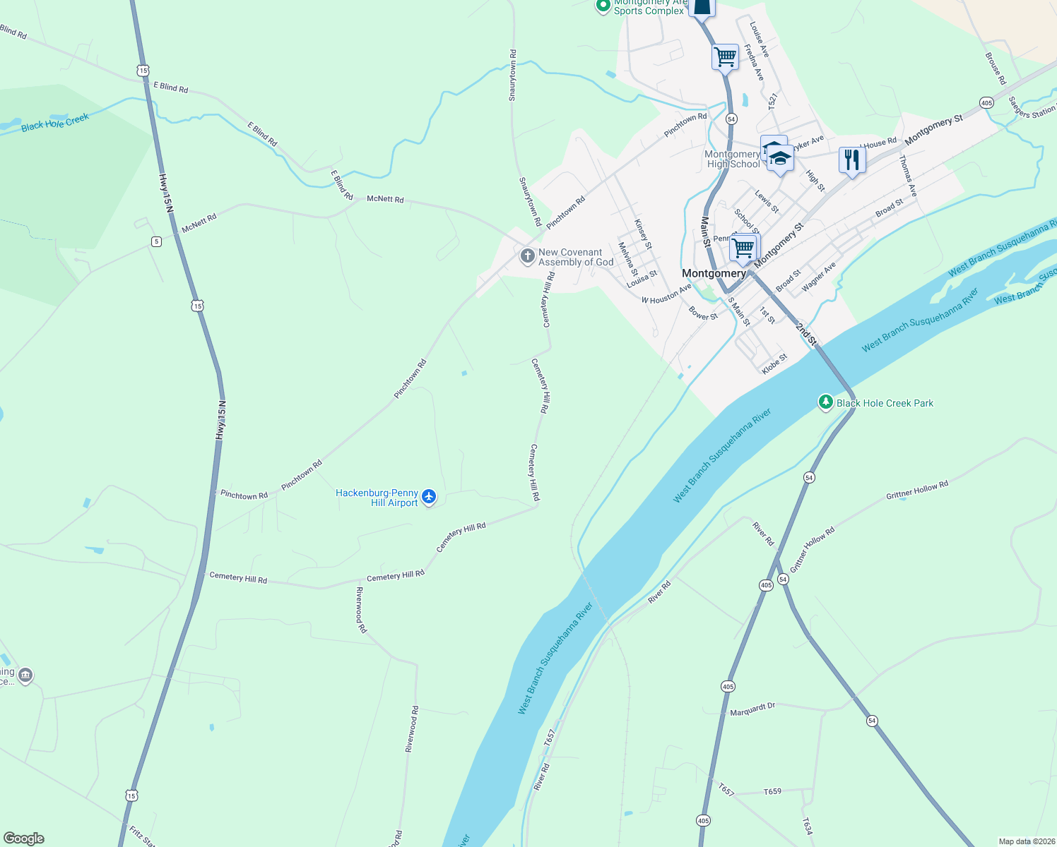 map of restaurants, bars, coffee shops, grocery stores, and more near 1284-1634 Cemetery Hill Road in Montgomery