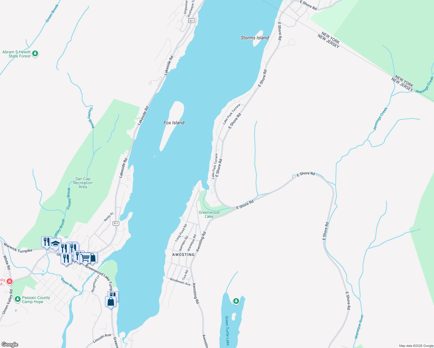 map of restaurants, bars, coffee shops, grocery stores, and more near 577 East Shore Road in West Milford