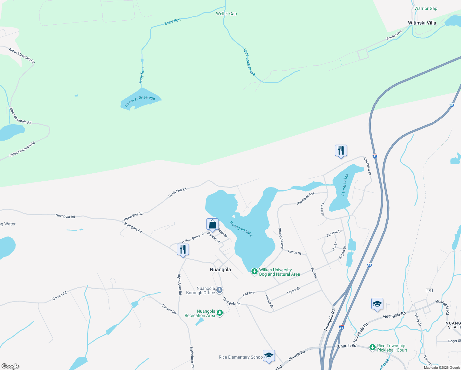 map of restaurants, bars, coffee shops, grocery stores, and more near 47 North End Road in Mountain Top