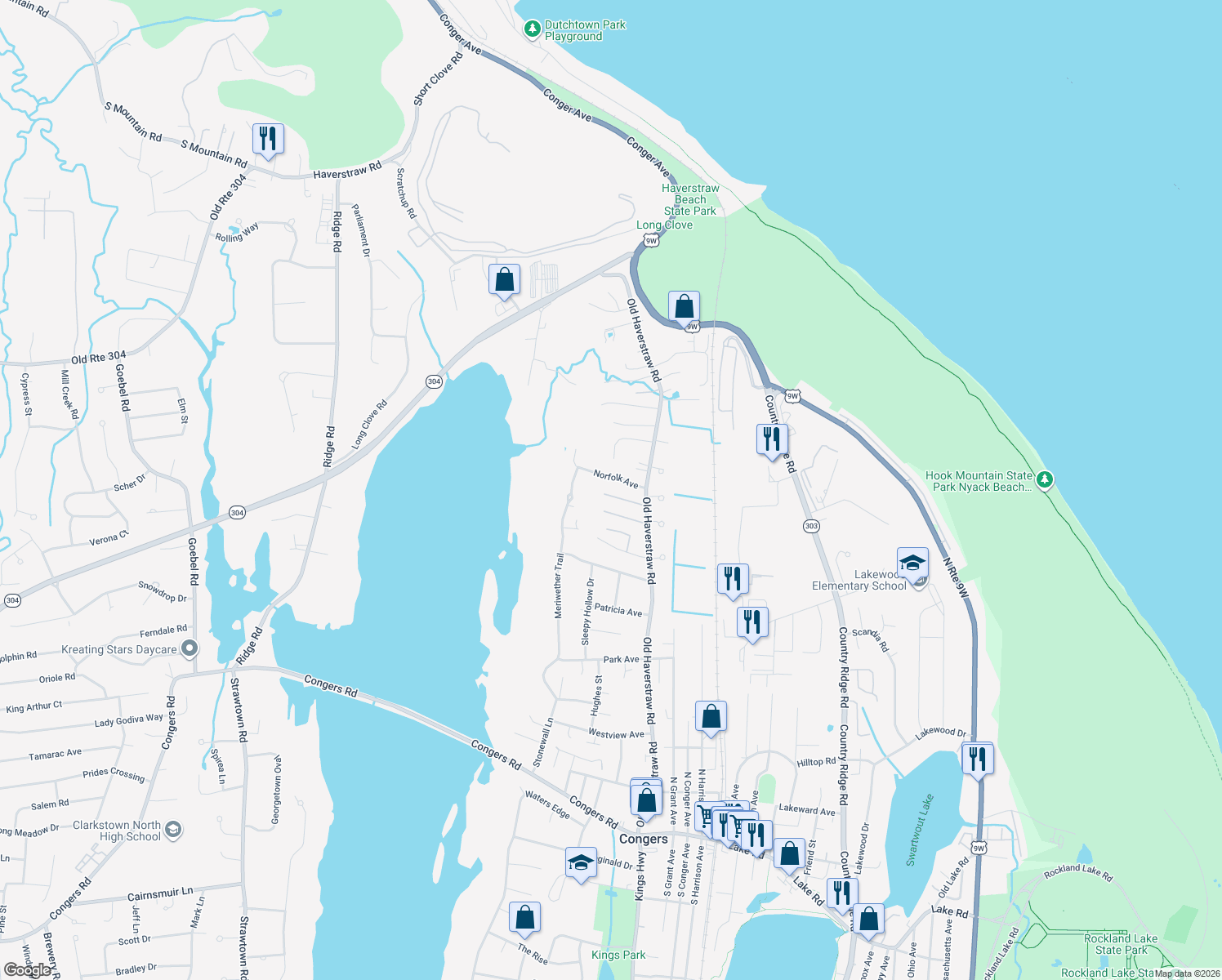 map of restaurants, bars, coffee shops, grocery stores, and more near 14 Chester Ave in Congers