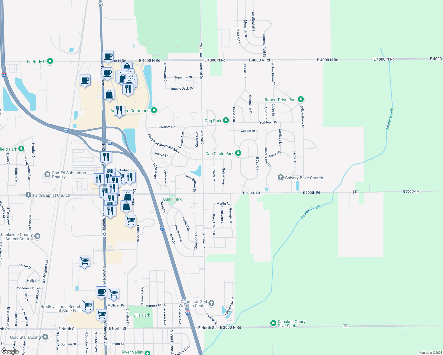 map of restaurants, bars, coffee shops, grocery stores, and more near 1390 Galaxy Way in Bourbonnais