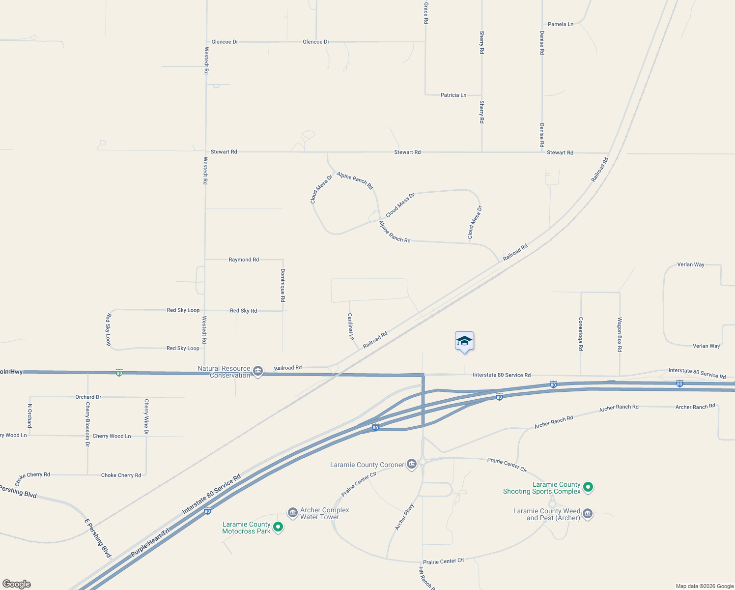 map of restaurants, bars, coffee shops, grocery stores, and more near 16348 Anna Loop in Cheyenne