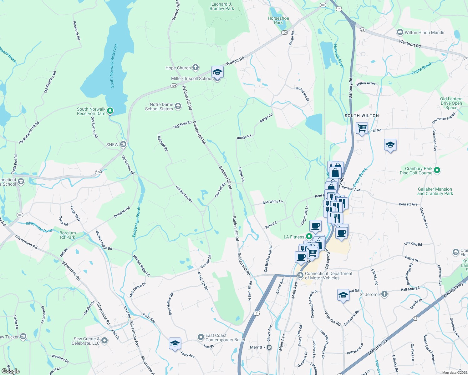 map of restaurants, bars, coffee shops, grocery stores, and more near 476 Belden Hill Road in Wilton