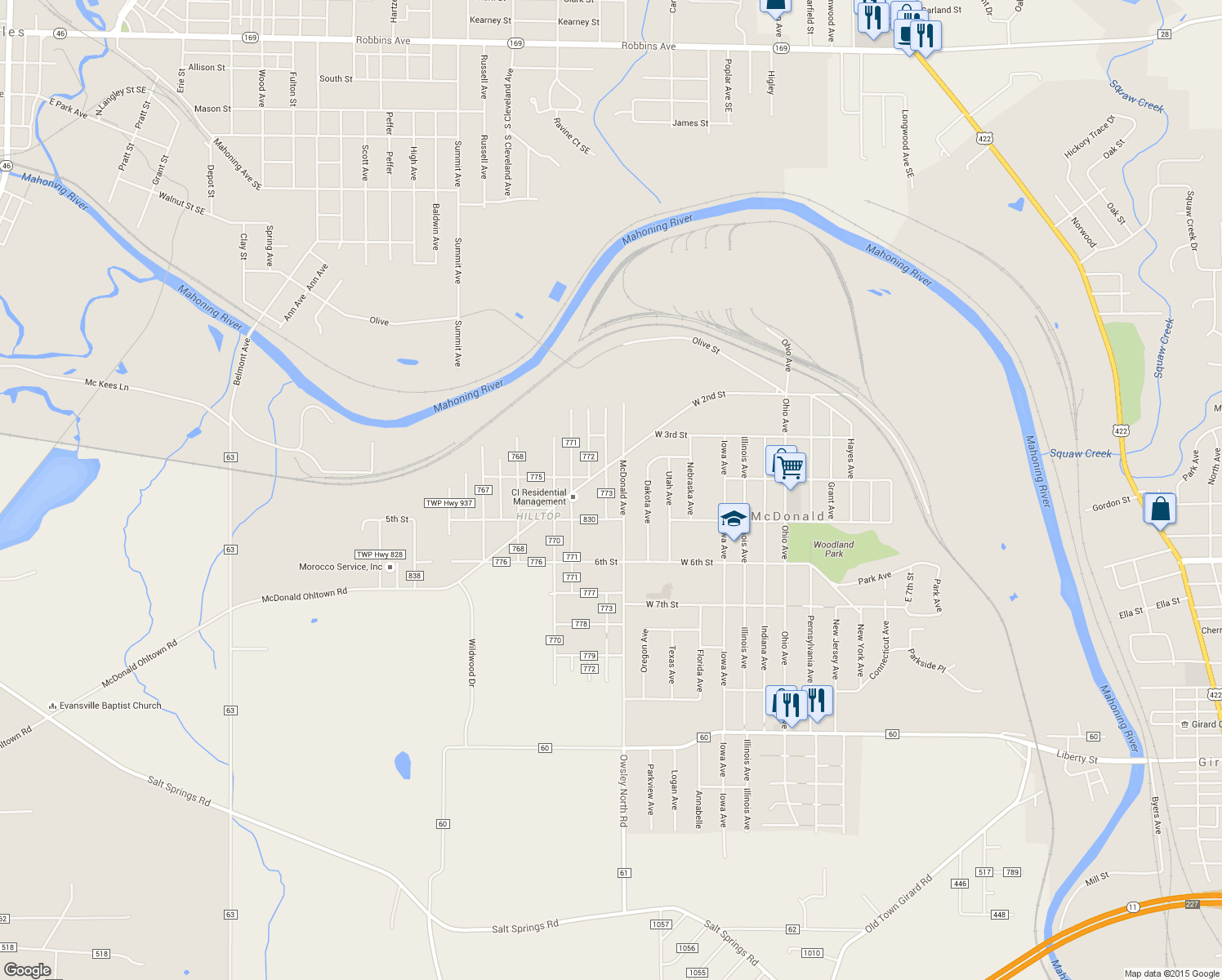 map of restaurants, bars, coffee shops, grocery stores, and more near 2899 Youngstown Avenue in McDonald