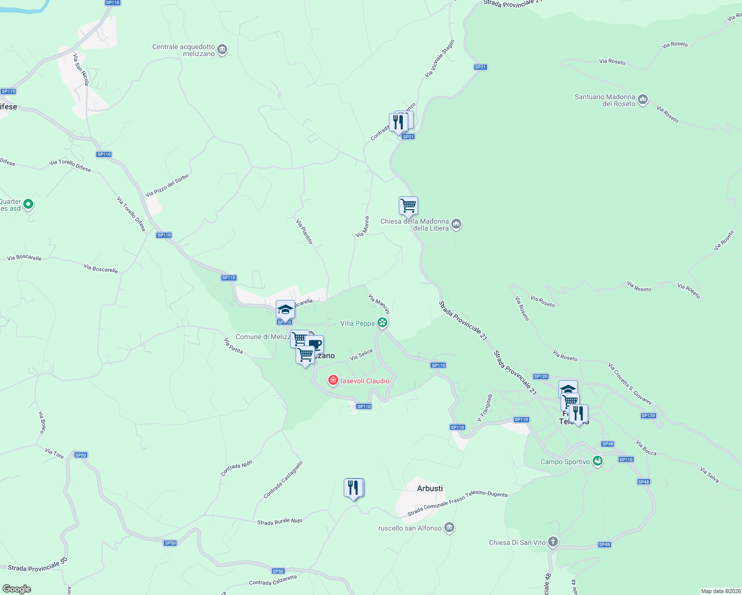 map of restaurants, bars, coffee shops, grocery stores, and more near Strada Provinciale 21 in Melizzano