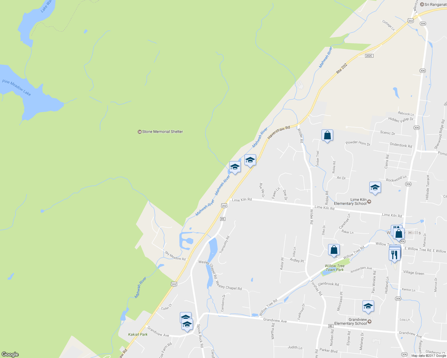 map of restaurants, bars, coffee shops, grocery stores, and more near 930 Haverstraw Road in Suffern