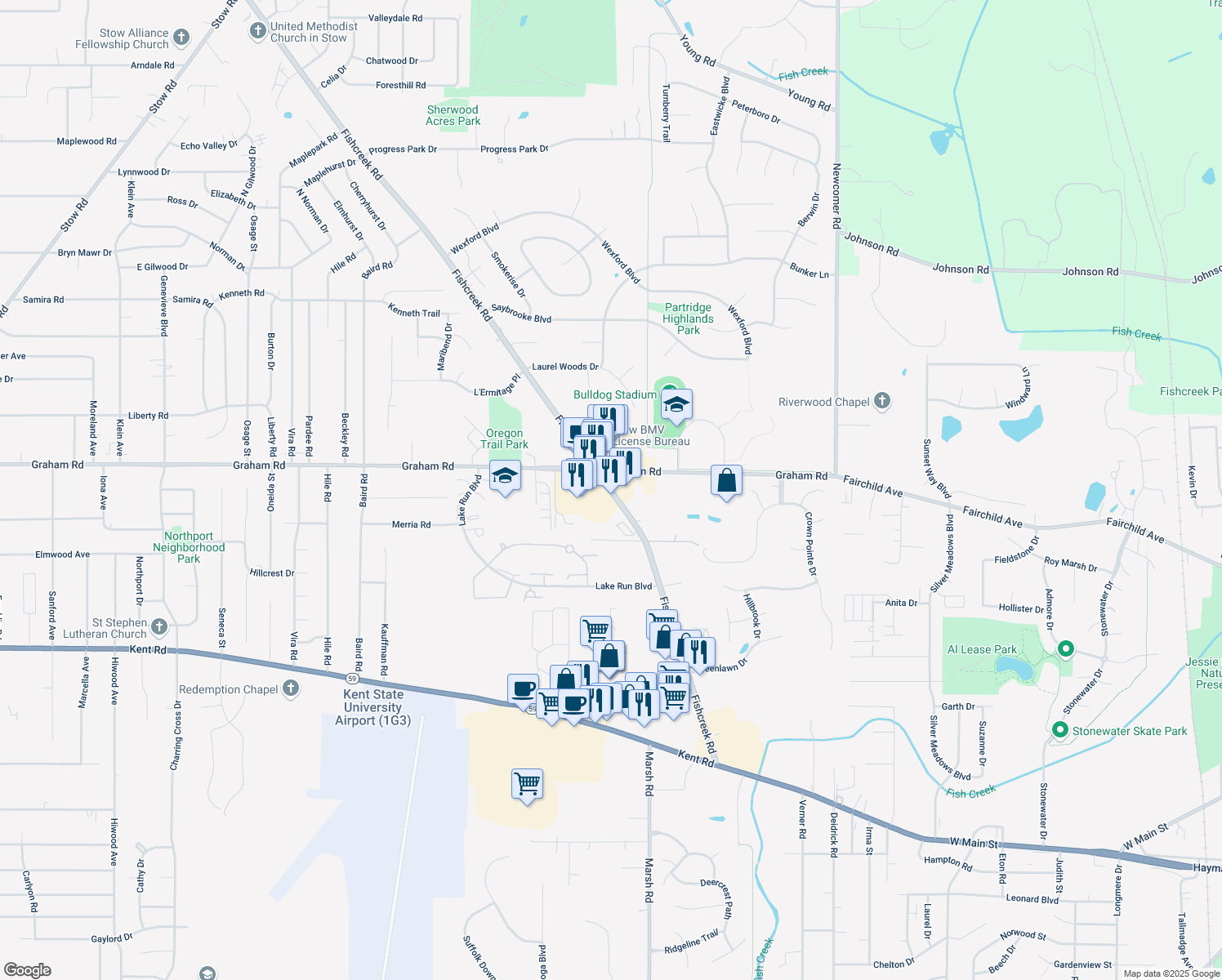 map of restaurants, bars, coffee shops, grocery stores, and more near 4070 Fishcreek Rd in Stow