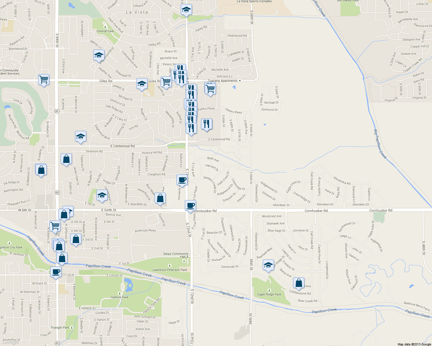 map of restaurants, bars, coffee shops, grocery stores, and more near 9410 South 69th Street in Papillion