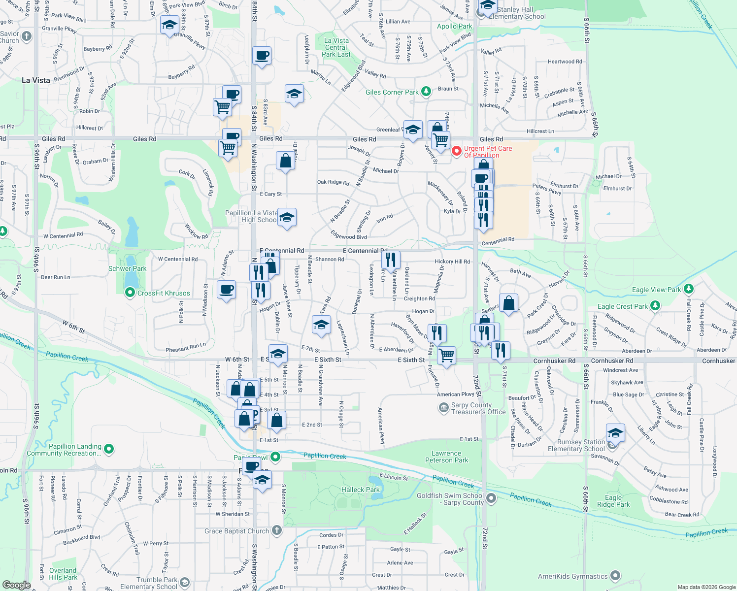 map of restaurants, bars, coffee shops, grocery stores, and more near 802 Lexington Ln in Papillion
