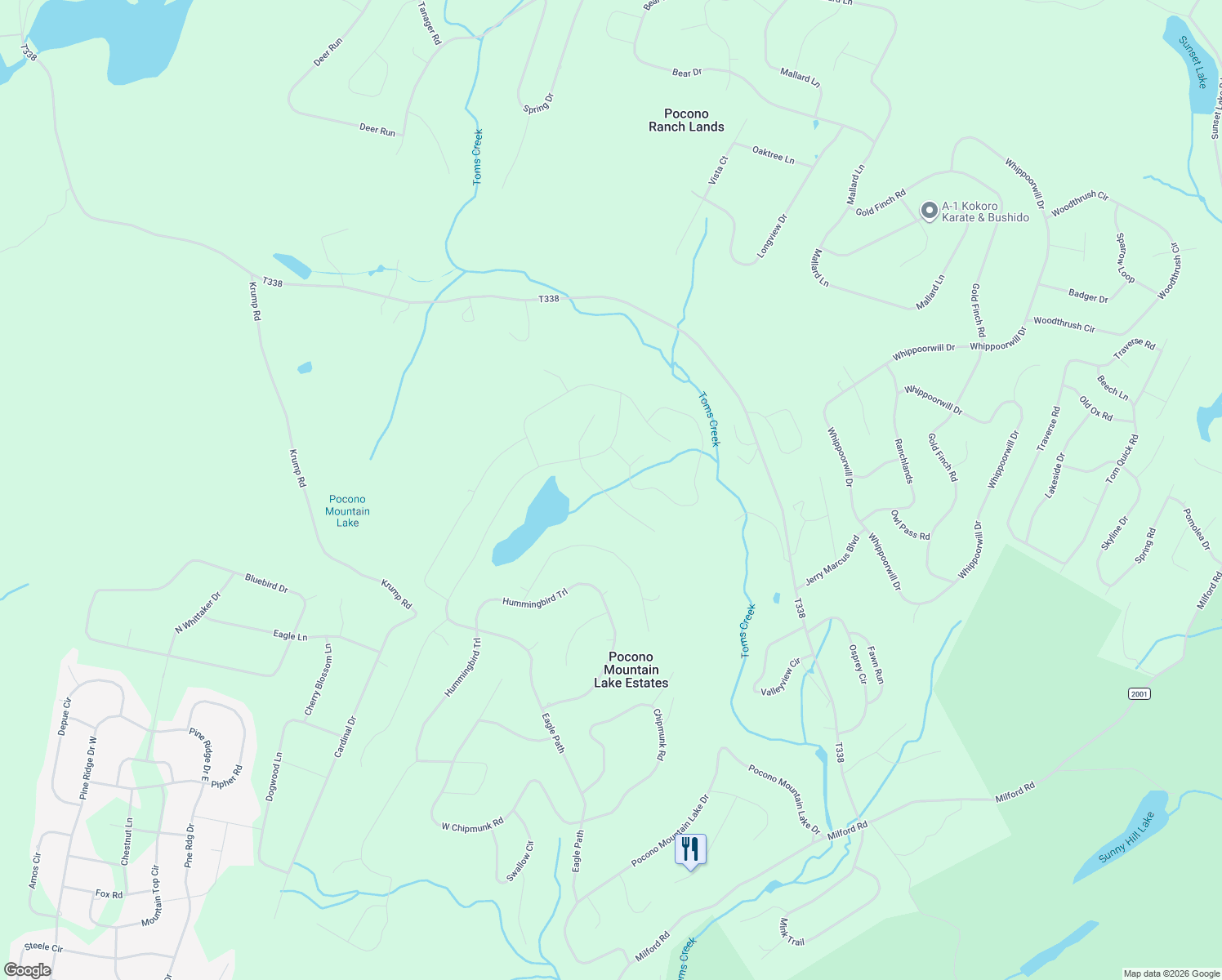 map of restaurants, bars, coffee shops, grocery stores, and more near 3-300 Cardinal Court in Pocono Mountain Lake Estates