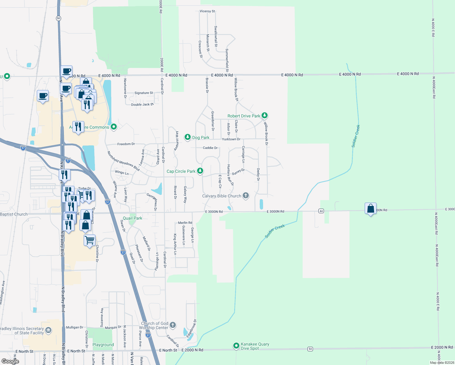 map of restaurants, bars, coffee shops, grocery stores, and more near 1479 Hunters Run Drive in Bourbonnais