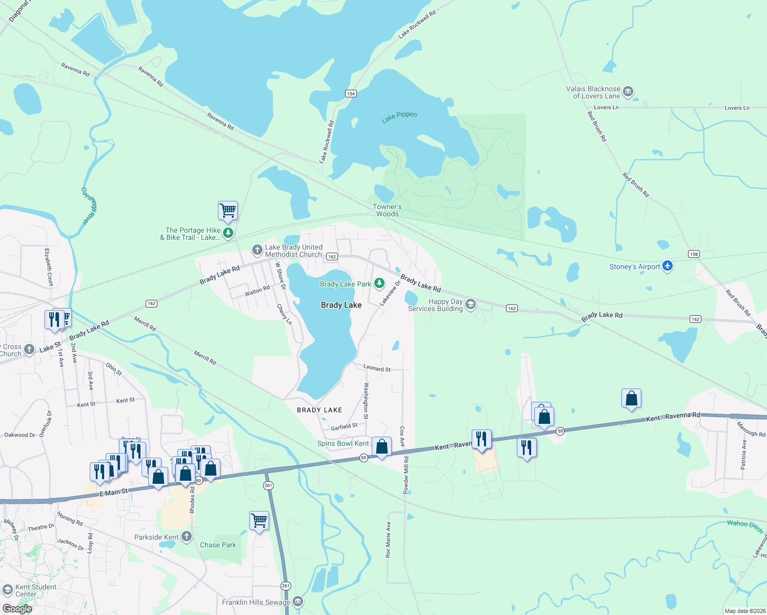 map of restaurants, bars, coffee shops, grocery stores, and more near 6442 Lakeview Drive in Ravenna