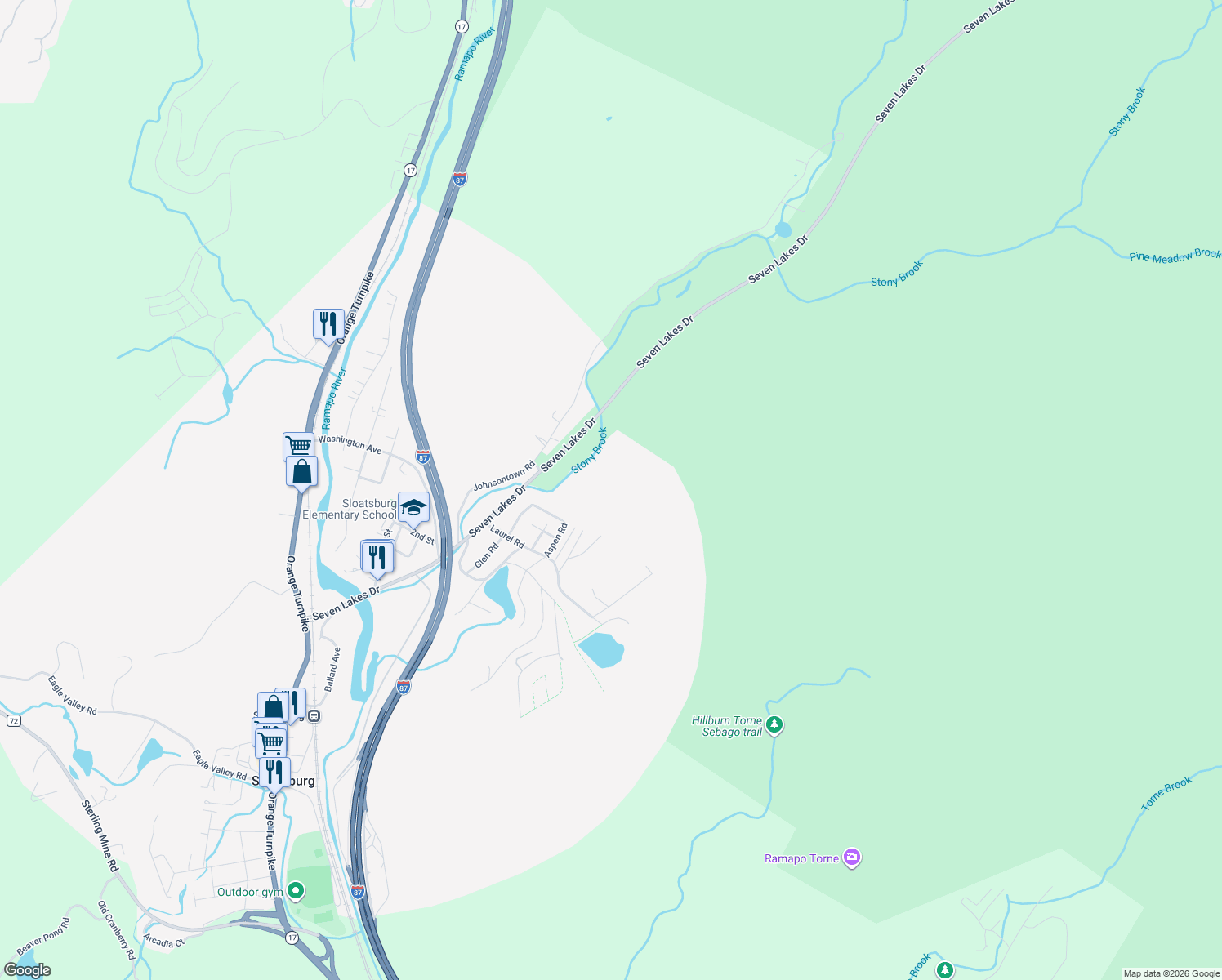map of restaurants, bars, coffee shops, grocery stores, and more near 18 Cedar Terrace in Sloatsburg