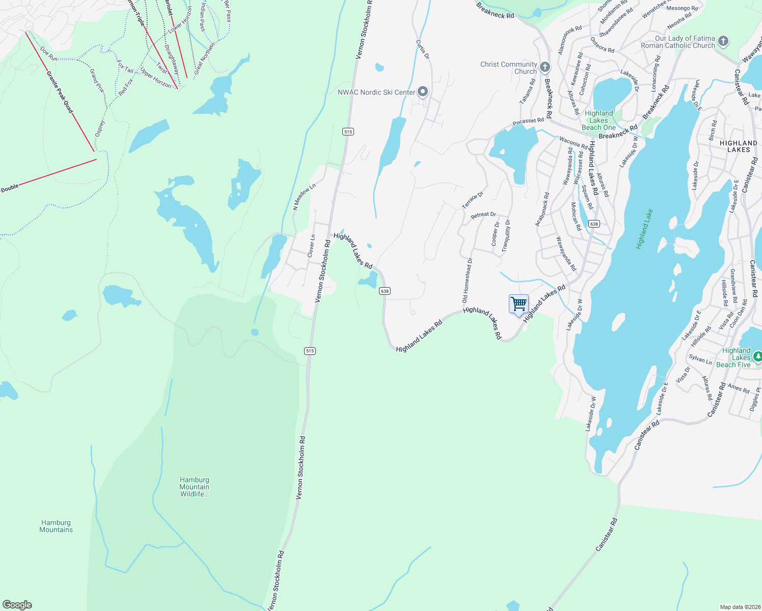 map of restaurants, bars, coffee shops, grocery stores, and more near 38 Highland Lakes Road in Vernon Township