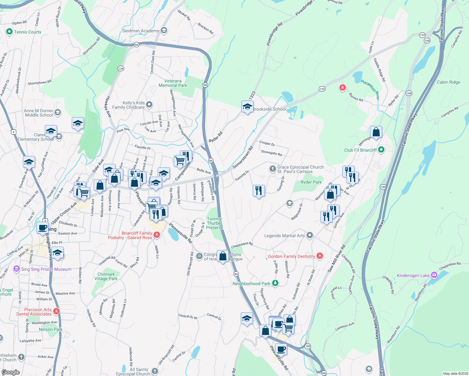 map of restaurants, bars, coffee shops, grocery stores, and more near 1 Decker Road in Ossining