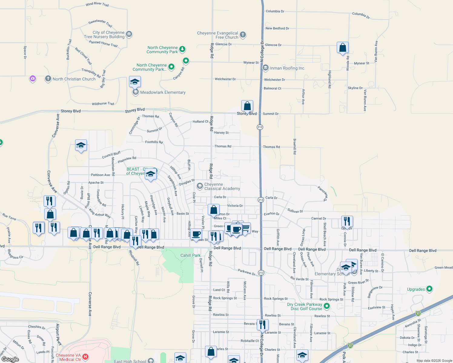 map of restaurants, bars, coffee shops, grocery stores, and more near 5245 Brianna Court in Cheyenne