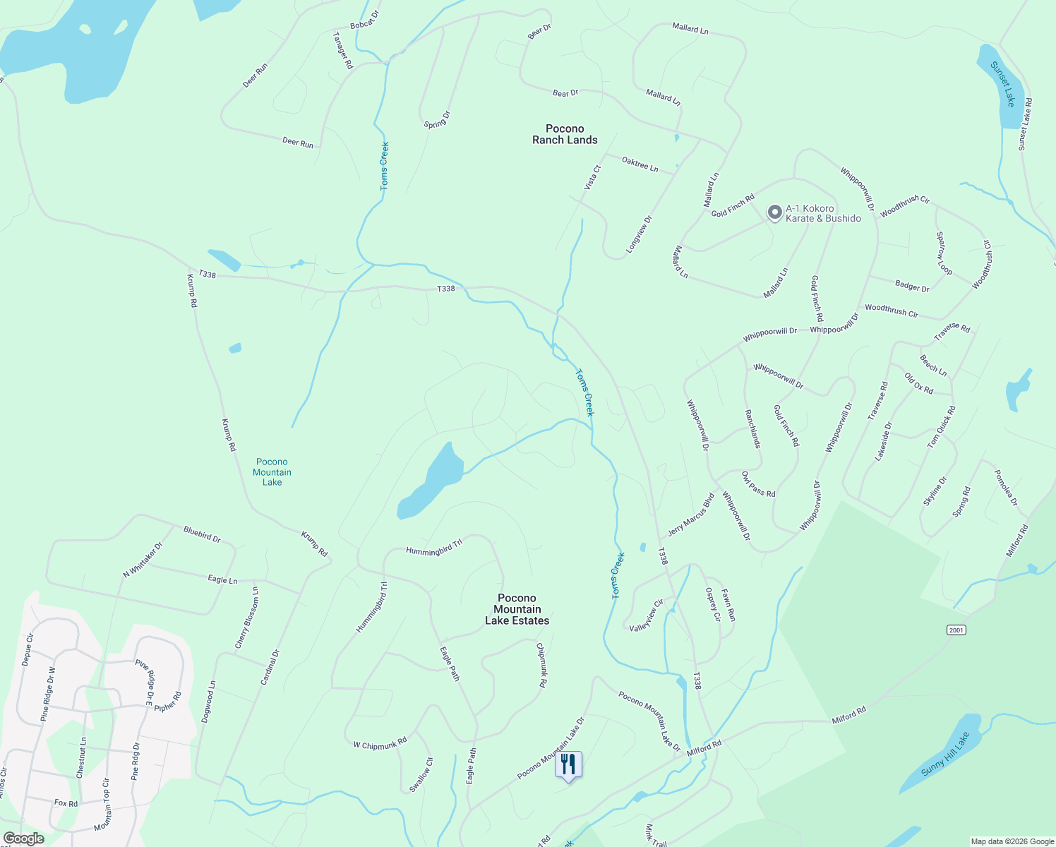 map of restaurants, bars, coffee shops, grocery stores, and more near Sparrow Road in Pocono Mountain Lake Estates