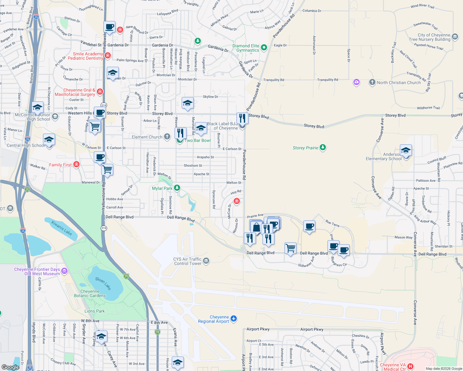 map of restaurants, bars, coffee shops, grocery stores, and more near 1005 Melton St in Cheyenne