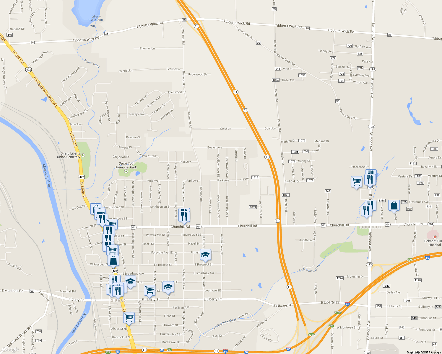 map of restaurants, bars, coffee shops, grocery stores, and more near 1011 Woodlawn Ave in Girard
