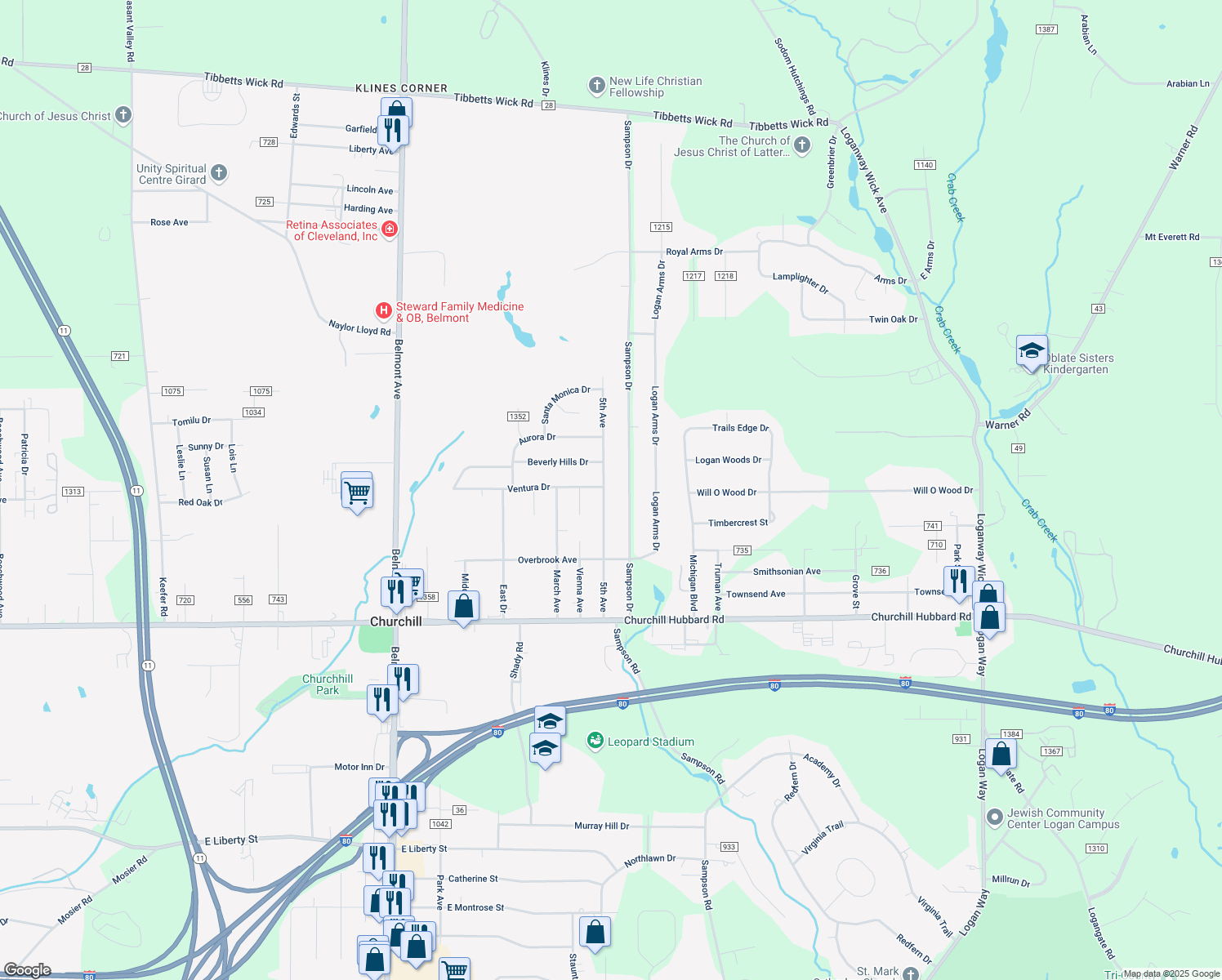 map of restaurants, bars, coffee shops, grocery stores, and more near 4799 5th Ave in Youngstown