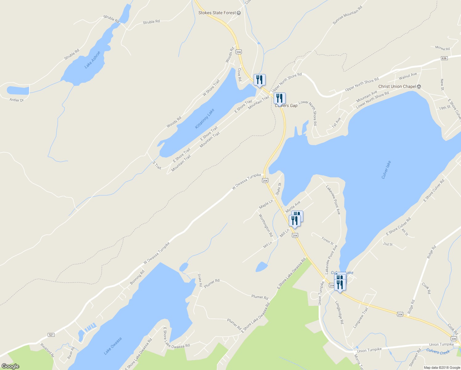 map of restaurants, bars, coffee shops, grocery stores, and more near 185 West Owassa Turnpike in Newton