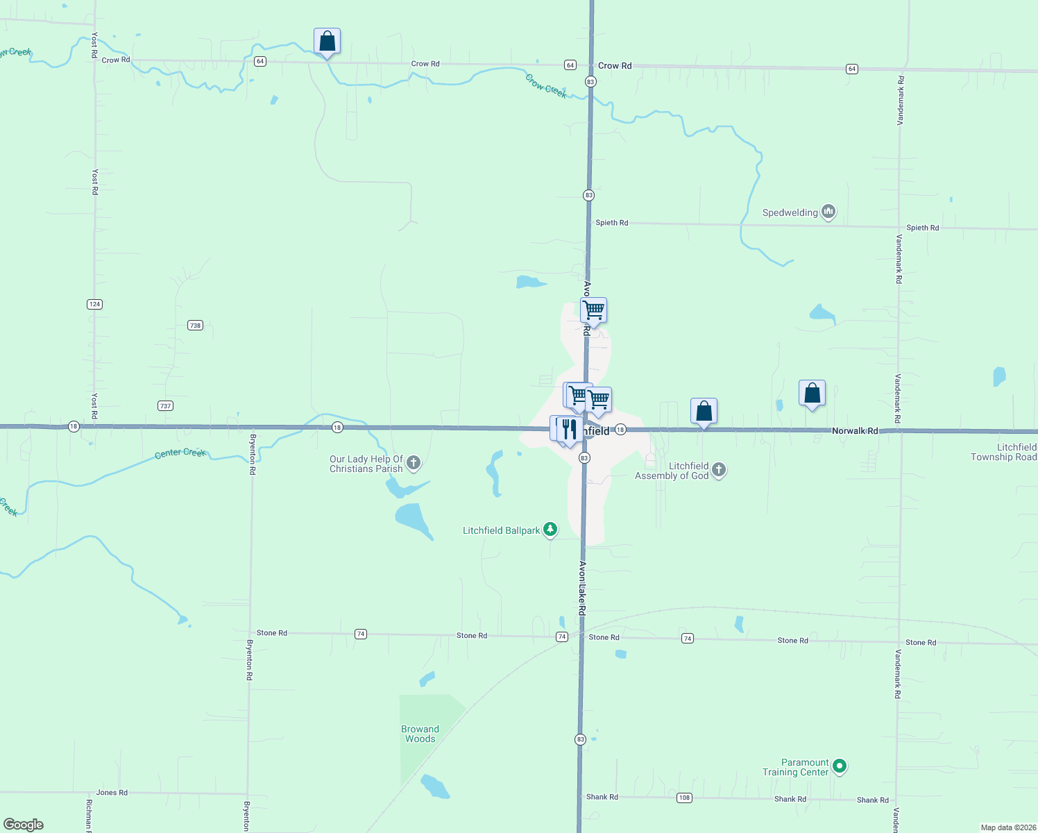 map of restaurants, bars, coffee shops, grocery stores, and more near 9389 Norwalk Rd in Litchfield