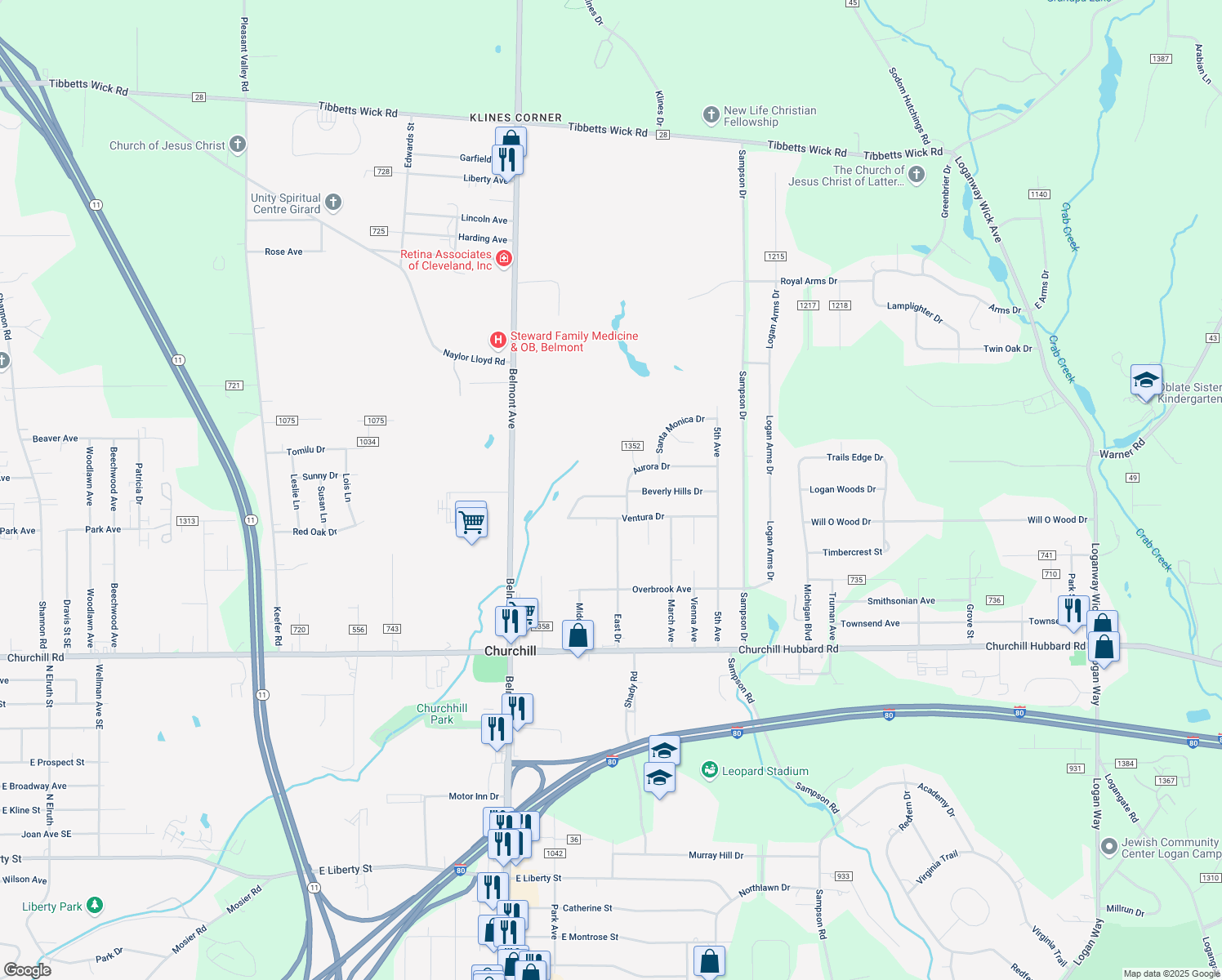 map of restaurants, bars, coffee shops, grocery stores, and more near 376 Beverly Hills Drive in Youngstown